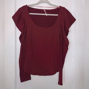 Free People Red and Black Striped Long Sleeve Puff Shoulder Top